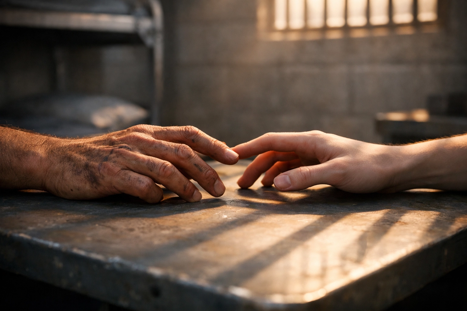 Gay men's hands reaching toward each other symbolizing connection and partnership in prison