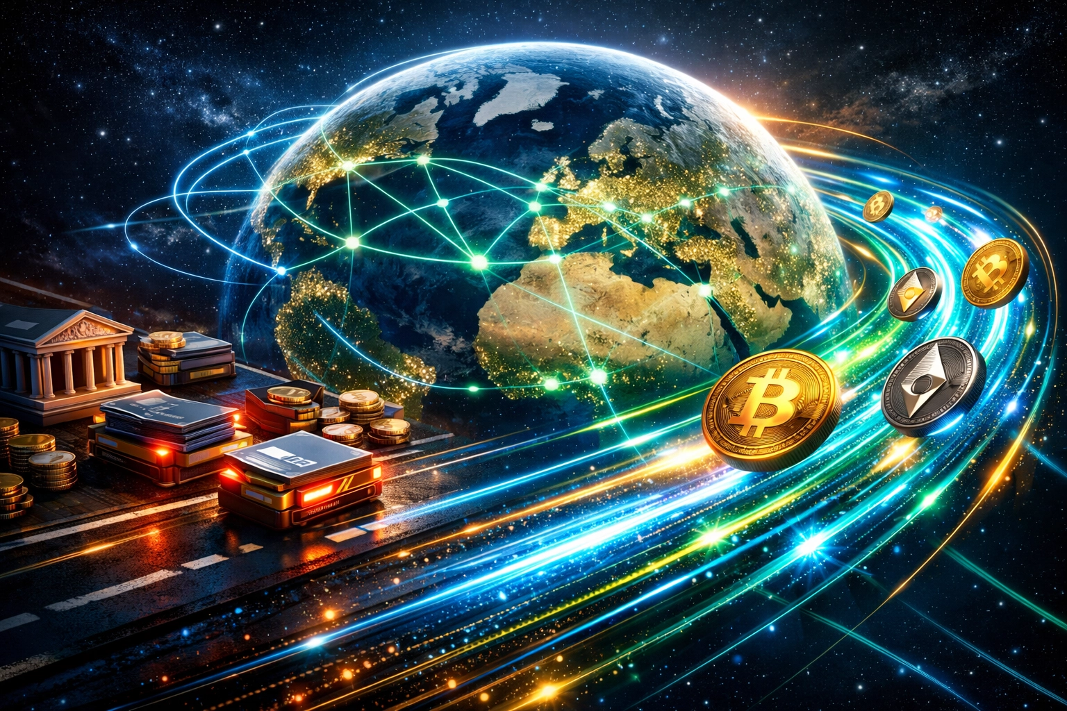Fast global crypto payments network showing blockchain speed vs traditional international transfers
