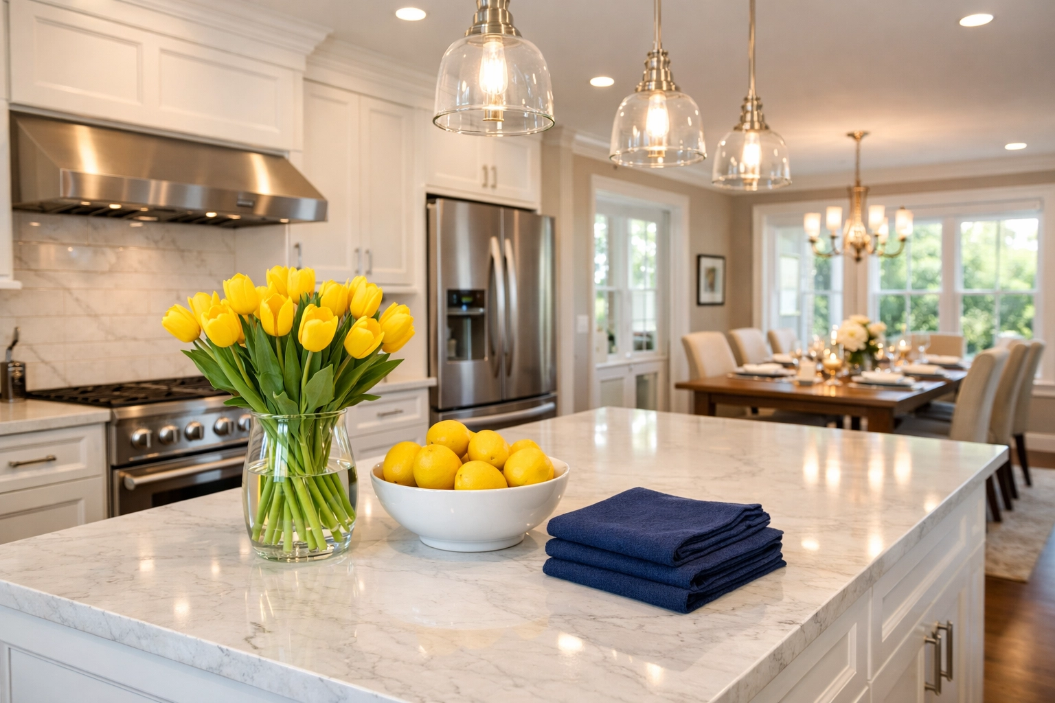 Sparkling clean luxury kitchen in Tewksbury after professional house cleaning services for busy families.