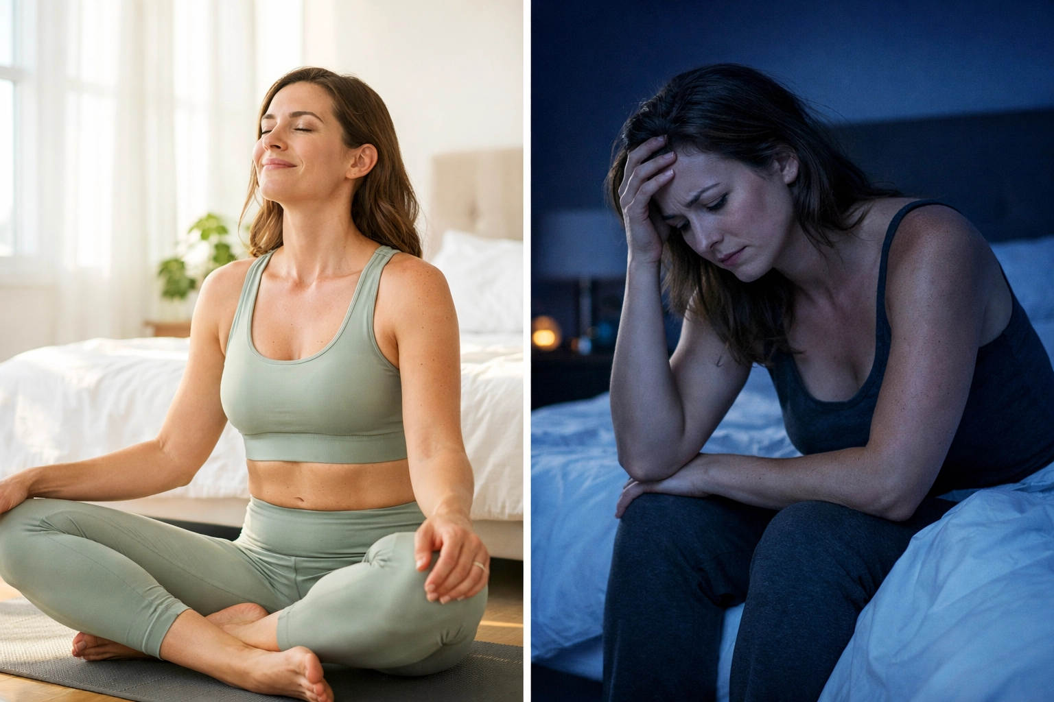 Split view showing perimenopause hormone fluctuations from energized morning to exhausted evening