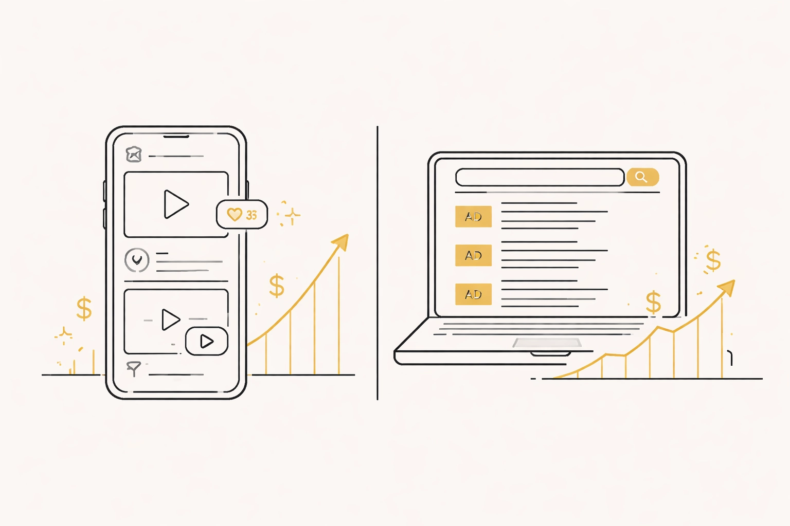 Split-screen showing social media feeds and search results to compare small business ad costs