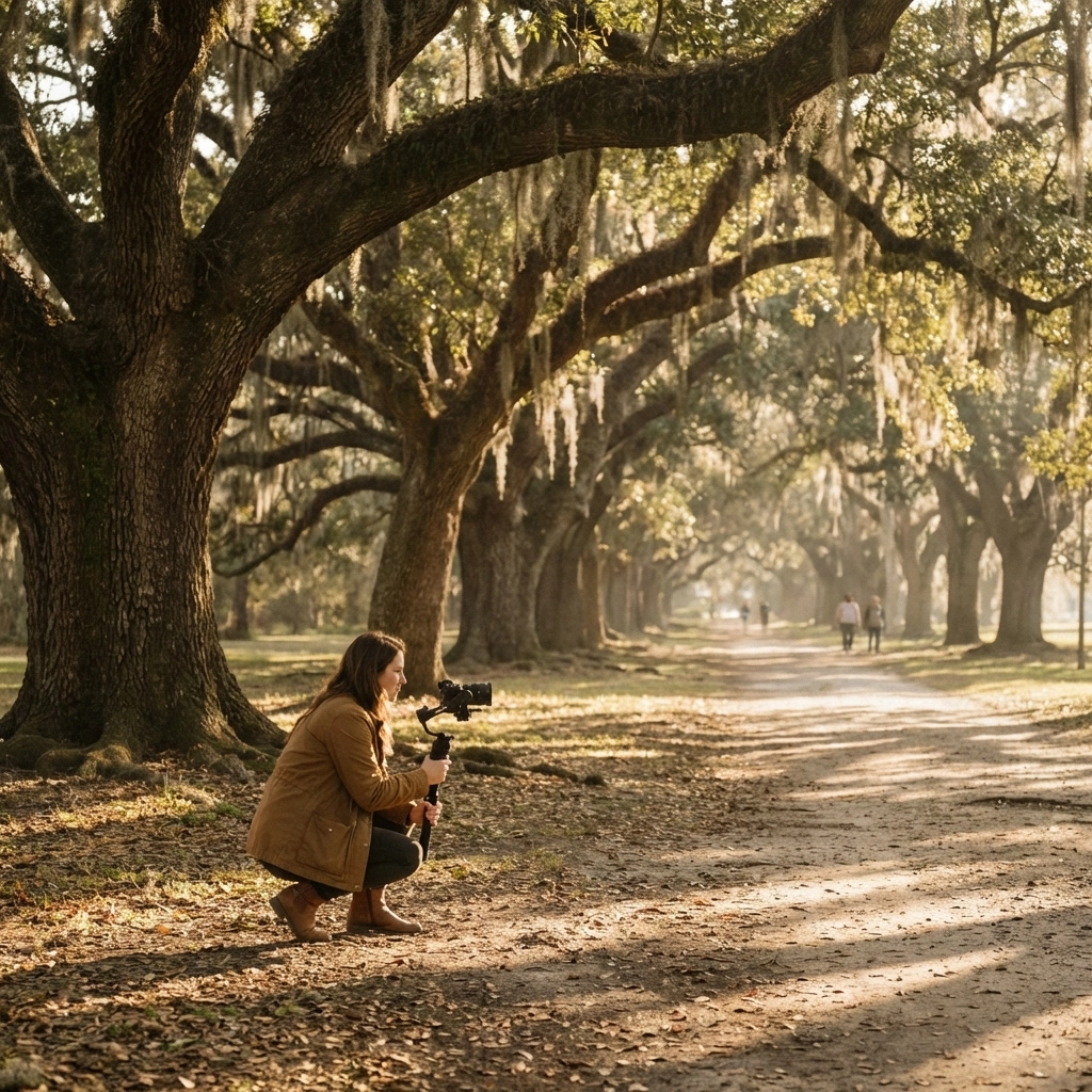 Woman filming a wedding scene in City Park, New Orleans, surrounded by live oaks and Spanish moss at sunset