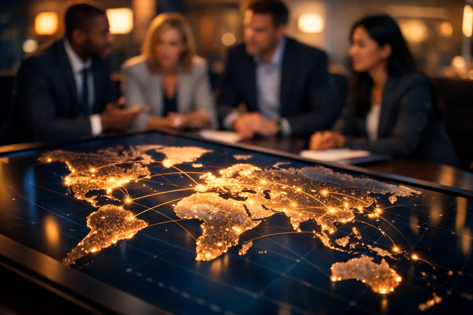 Business team planning global expansion strategy around illuminated world map in corporate office