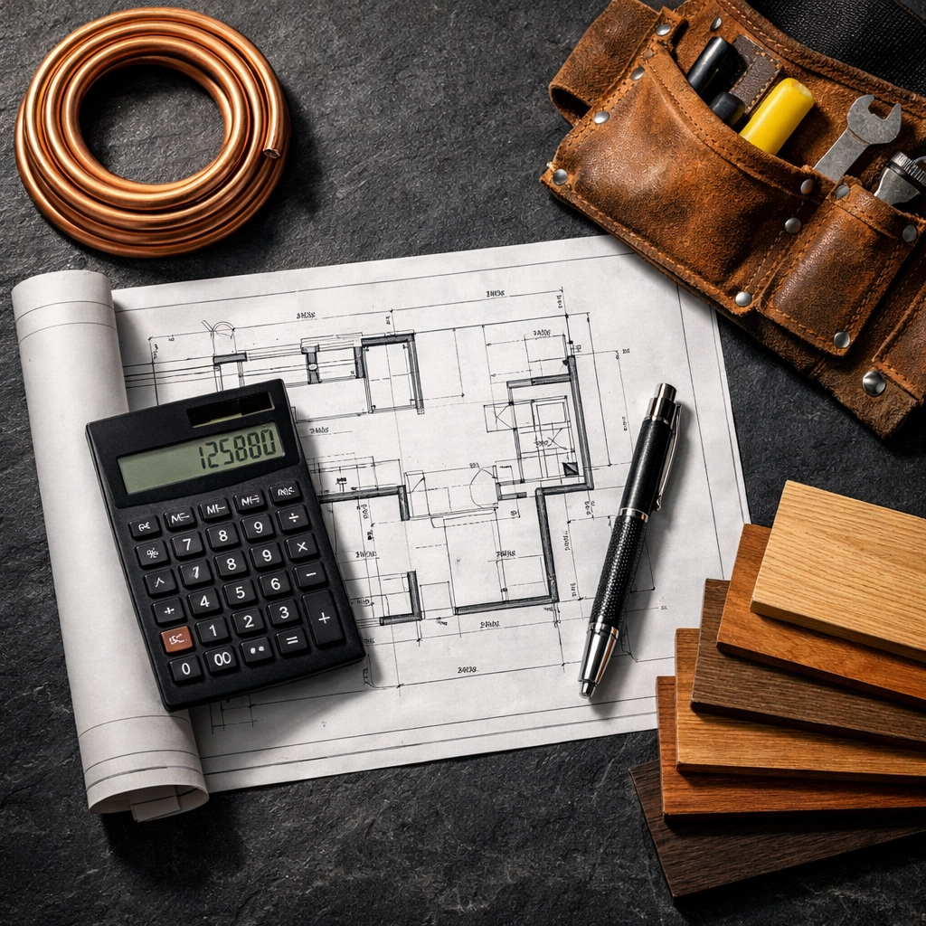 Bookkeeping tools and architectural blueprints for Dallas contractors managing project profitability.