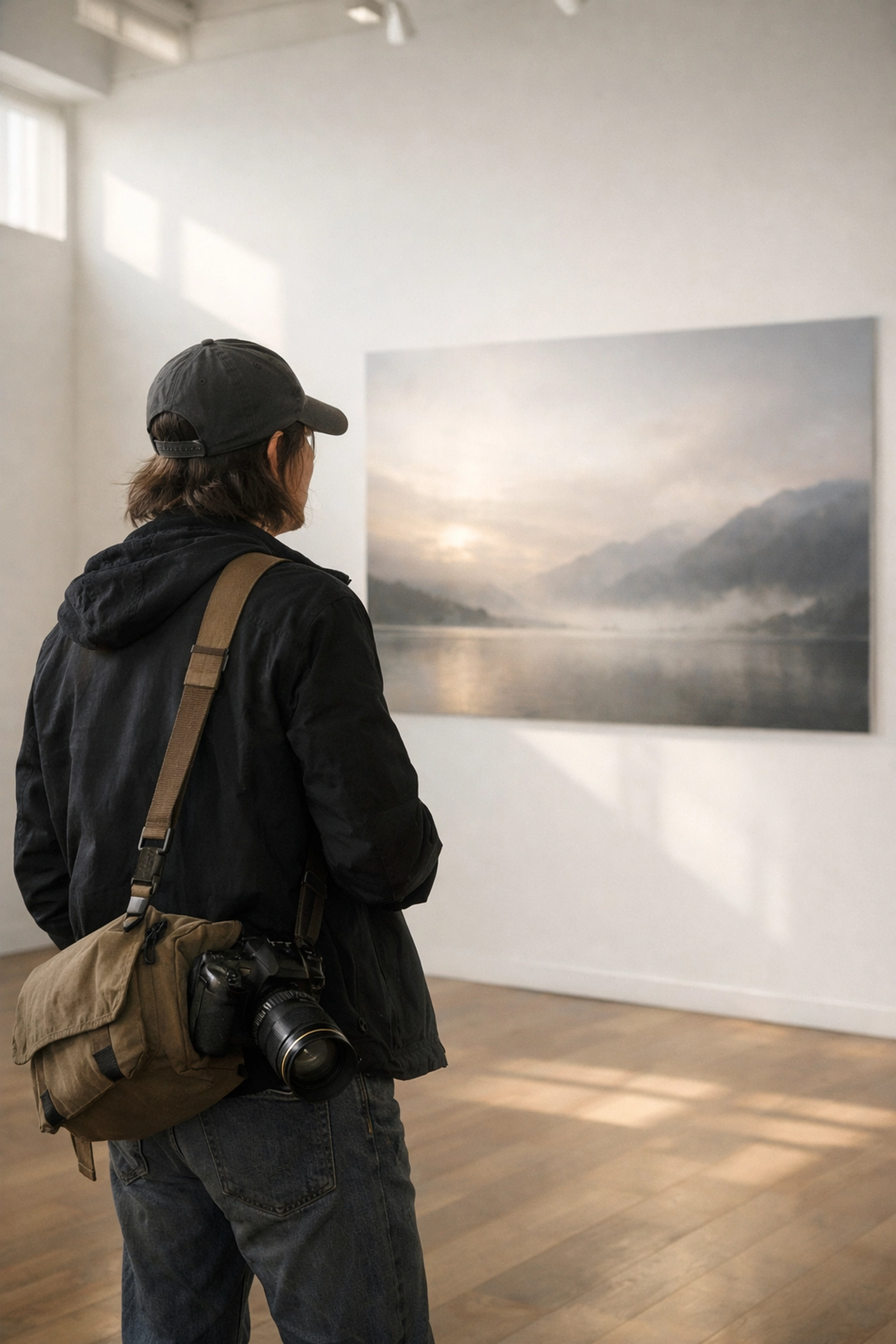 Photographer examining a large ethereal landscape print in a fine art photography gallery.