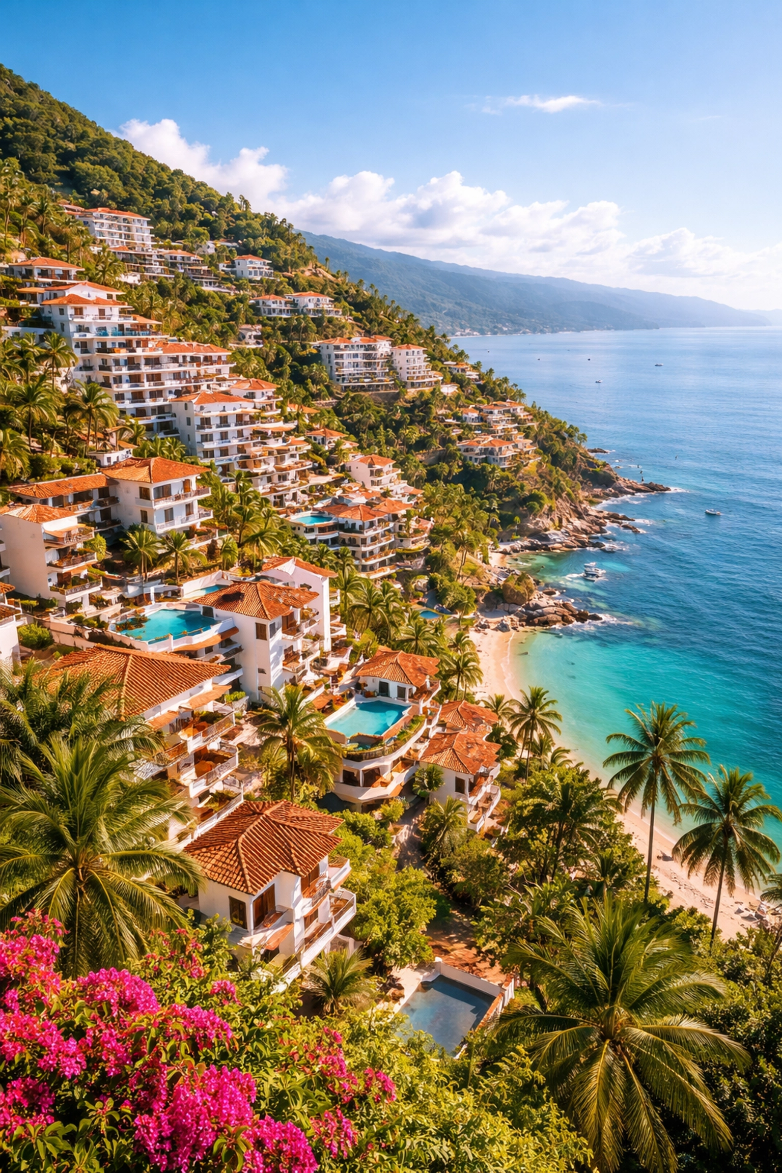 Aerial view of Amapas and Zona Romántica neighborhoods with ocean and tropical scenery in Puerto Vallarta.