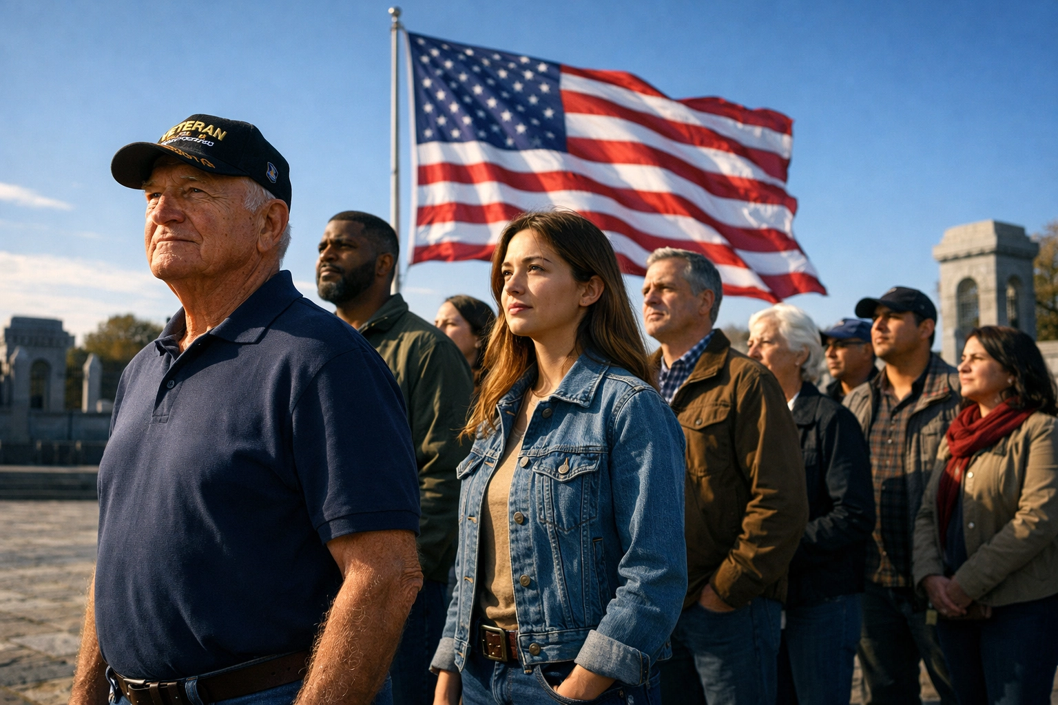 A diverse group of Americans and a veteran standing together in unity with the American flag in a public square.