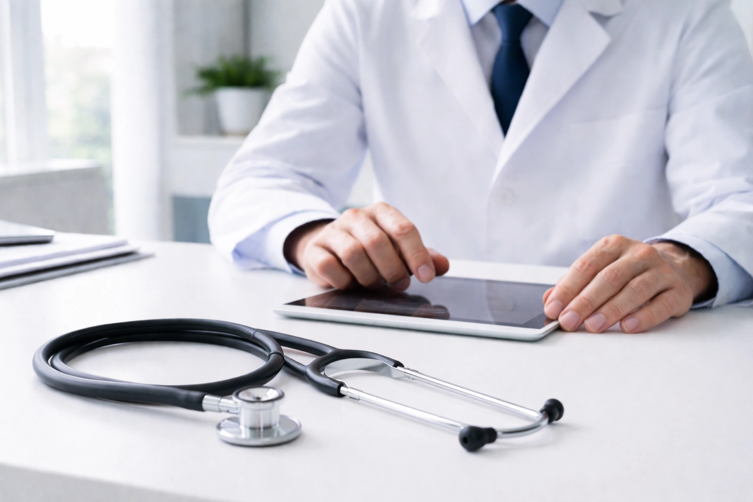 Mains d’un médecin derrière son bureau utilisant une tablette, avec un stéthoscope classique posé sur le bureau, ambiance lumineuse et professionnelle