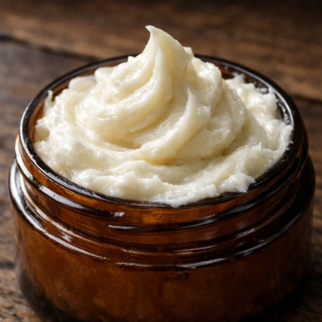 Creamy whipped beef tallow balm in an amber jar illustrating rich texture for natural skin hydration.