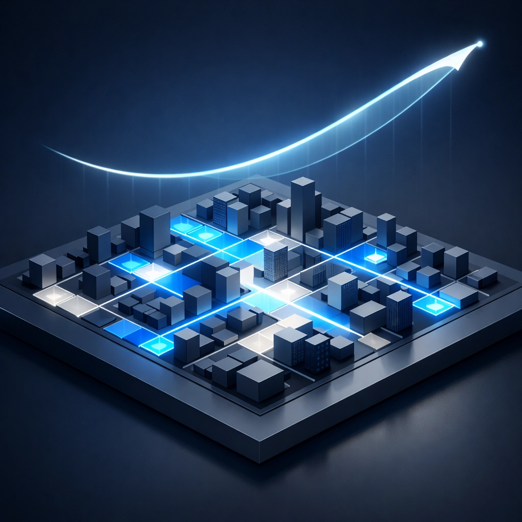 Digital grid with a rising trend line symbolizing continuous performance monitoring and AI growth optimization.