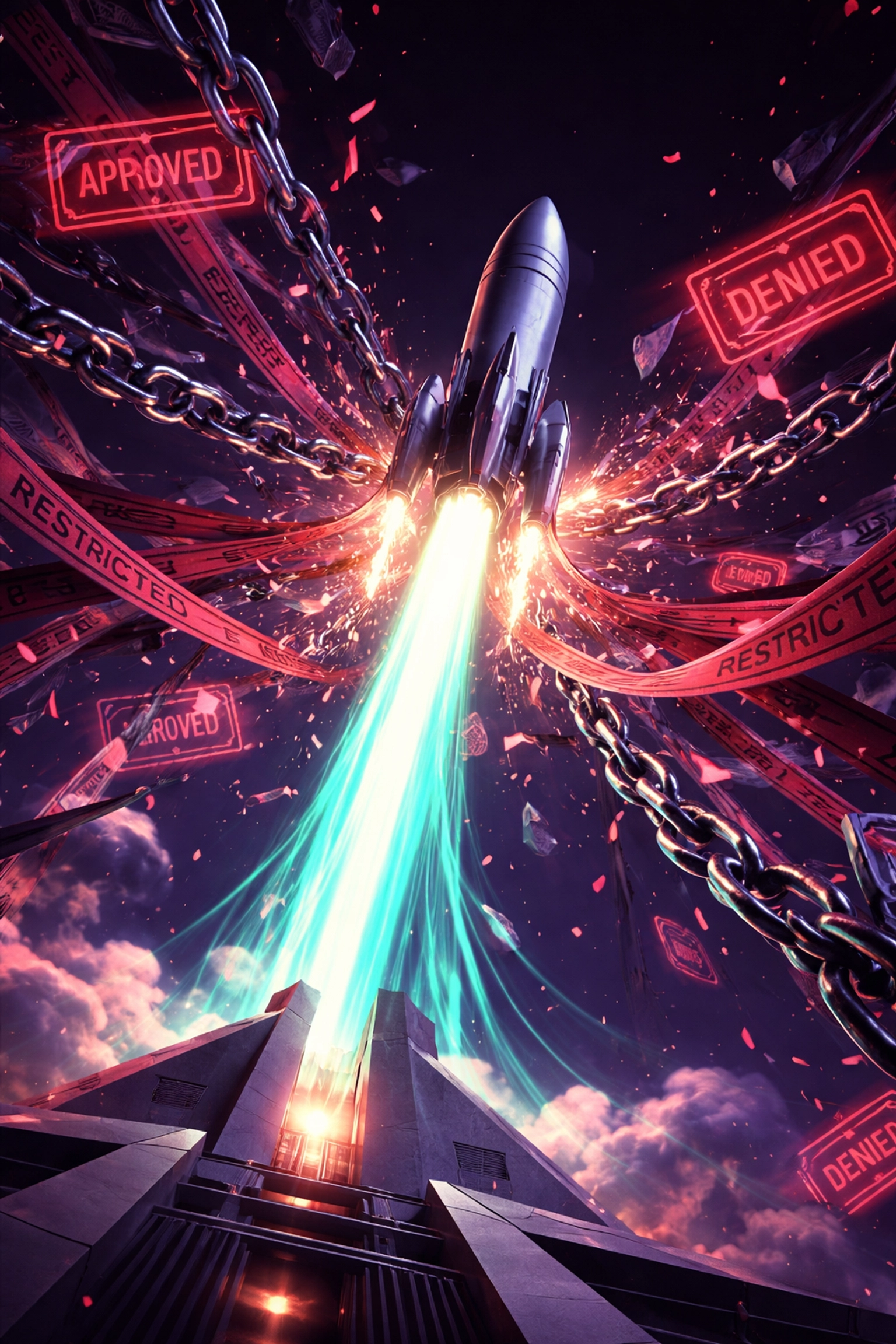 Rocket breaking through digital red tape, symbolizing decisive action in overcoming AI adoption barriers in business.
