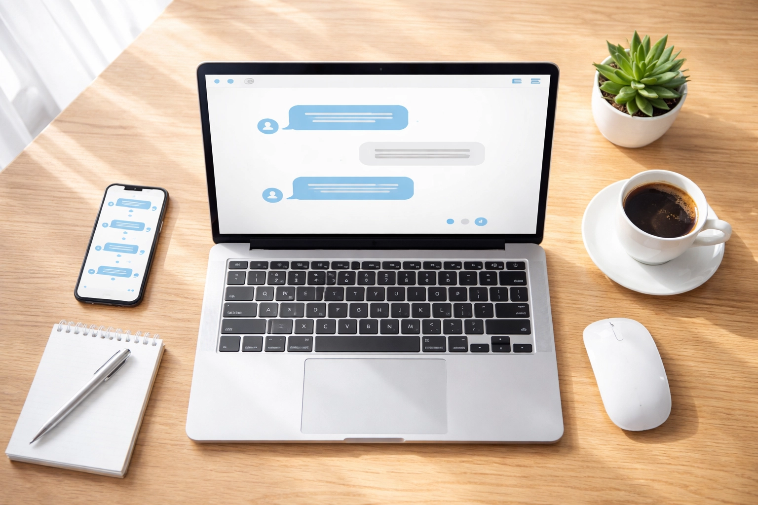 Modern workspace showing a laptop with a chat interface, illustrating ServiceNow AI Agent digital assistance.