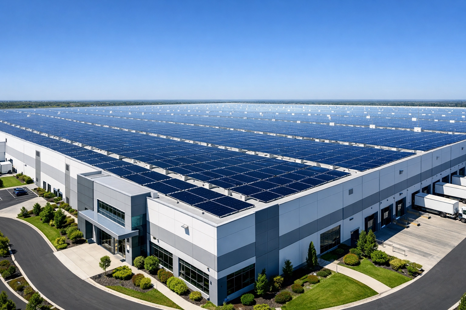 Commercial solar panel array on an industrial warehouse roof to improve business energy efficiency.