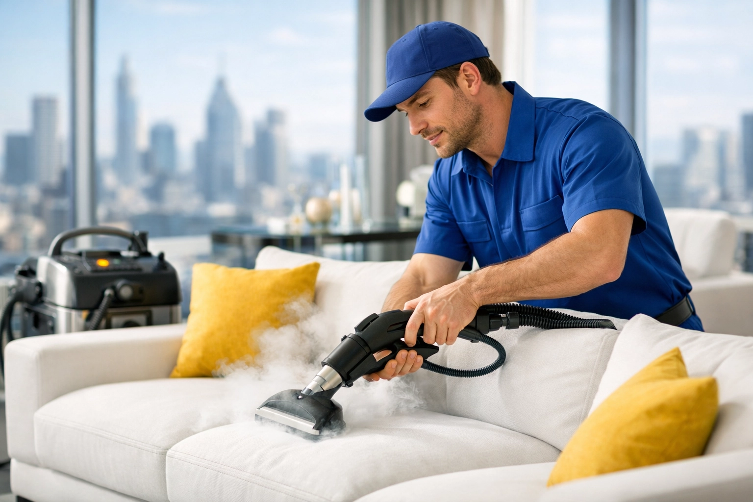 An expert professional cleaning team performing high-end apartment cleaning and sofa steam cleaning in a luxury home.