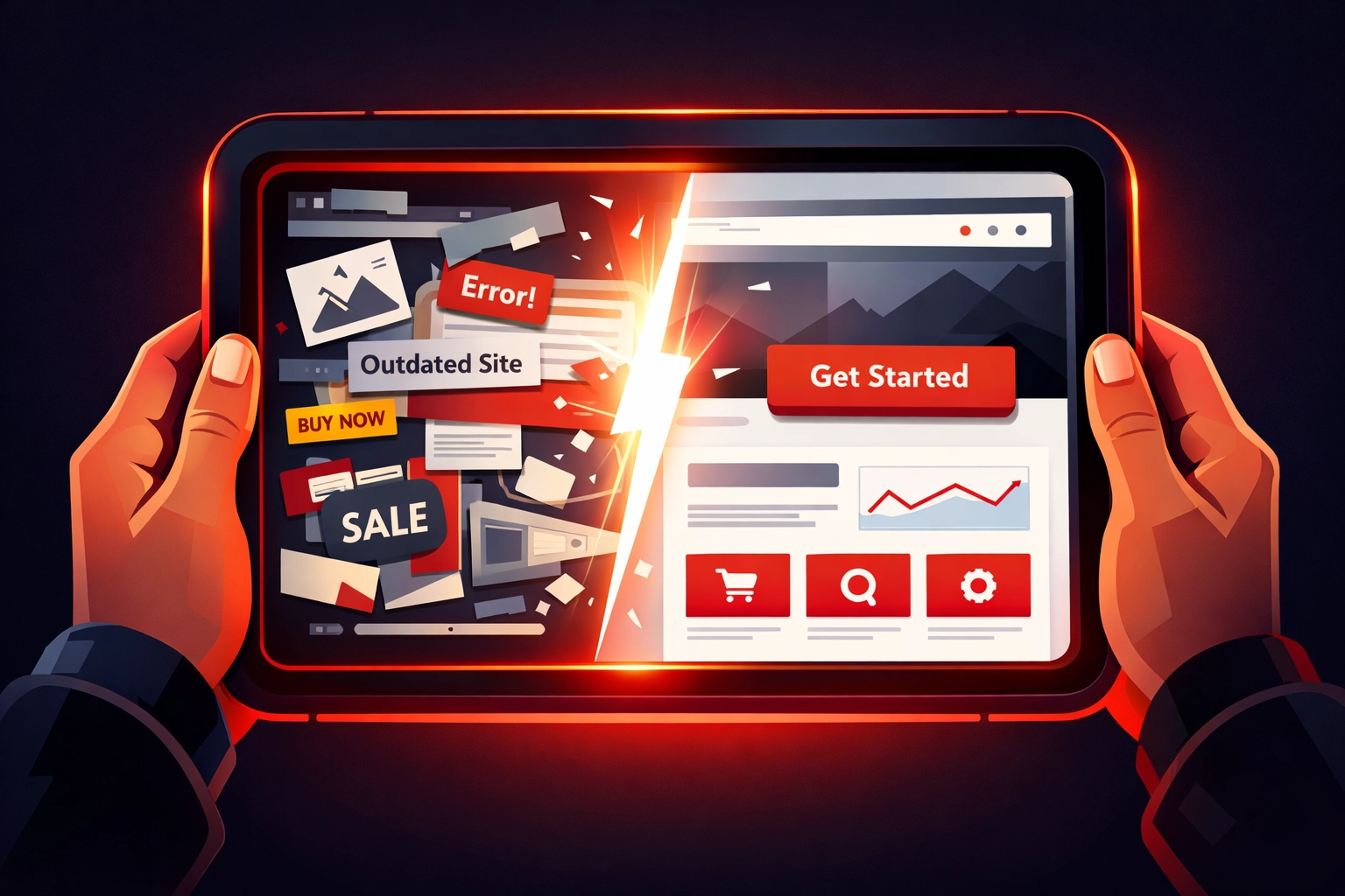 Digital viewfinder showing a broken website transforming into a modern, lead-generating business site.