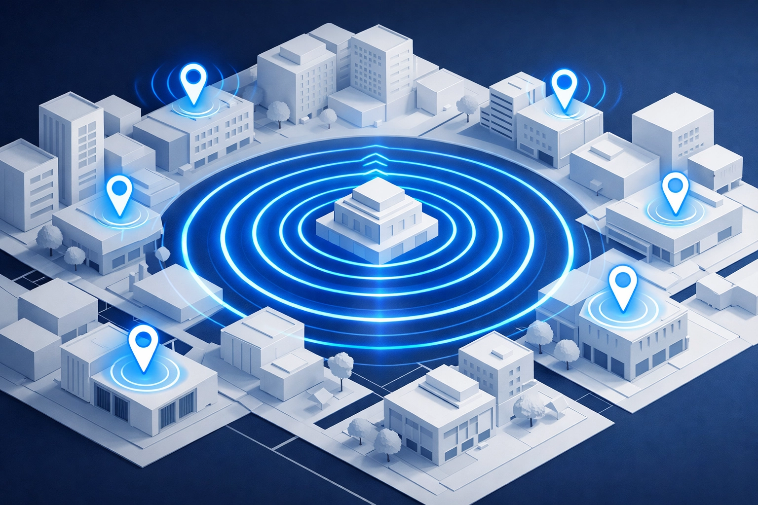 Digital map markers and signal pulses over a city representing automated local SEO and business visibility.