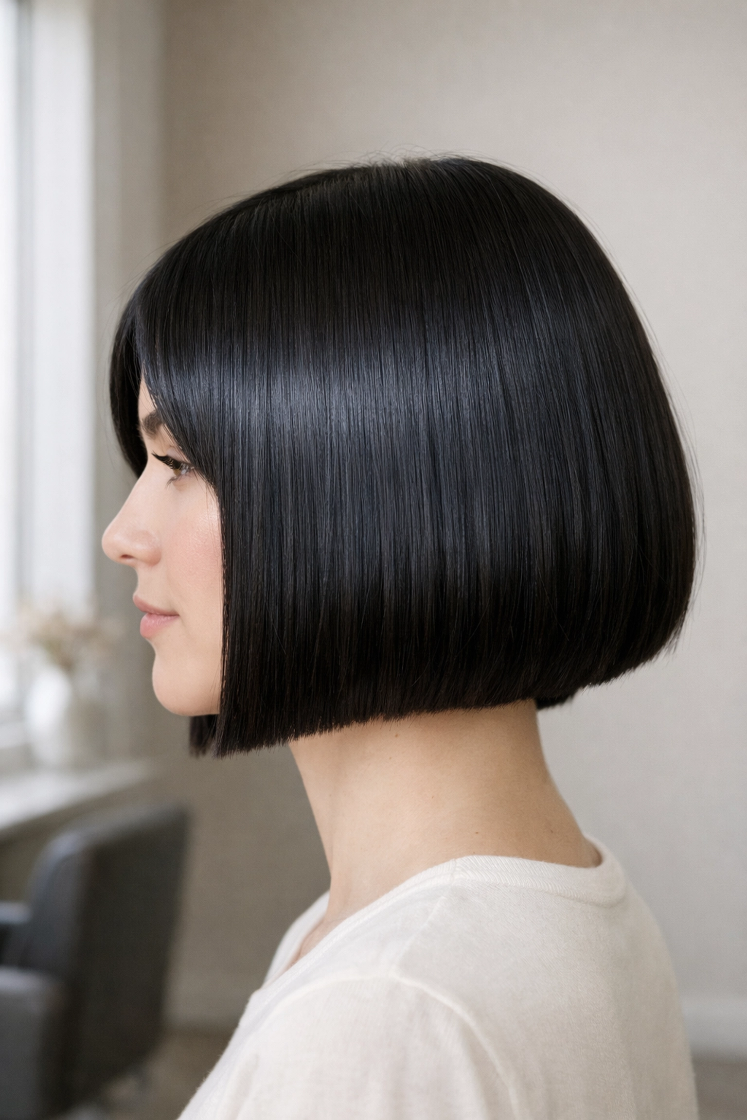Professional sharp blunt bob haircut with glossy finish at our hair salon in Concord NH.