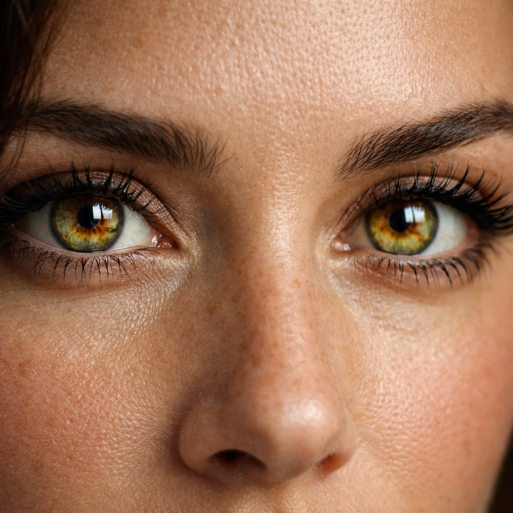 Detailed portrait showing AI photo editing enhancements on eyes and skin texture for professional results.