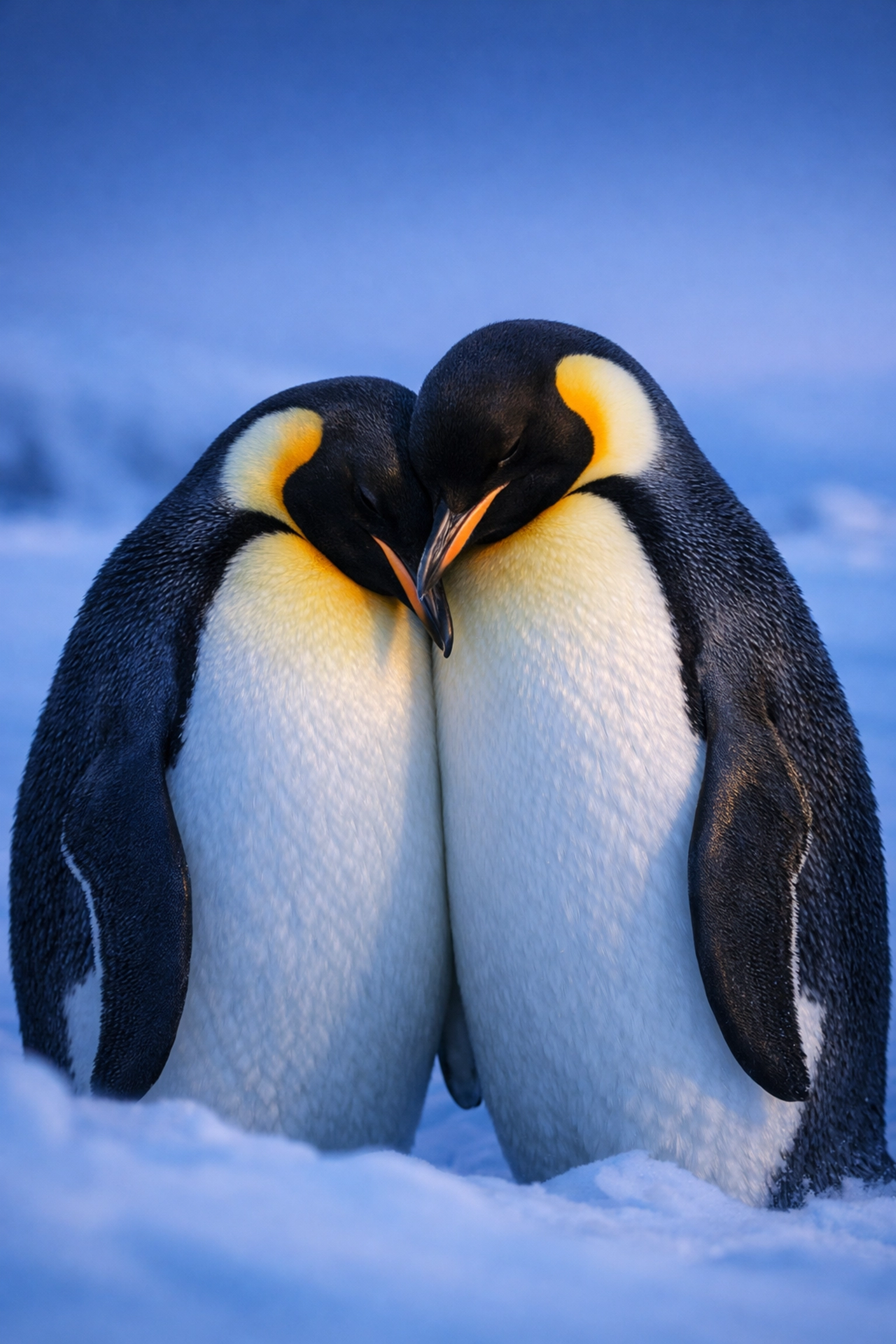 Two male Emperor penguins leaning together in a tender bond, illustrating same-sex pairs in nature.