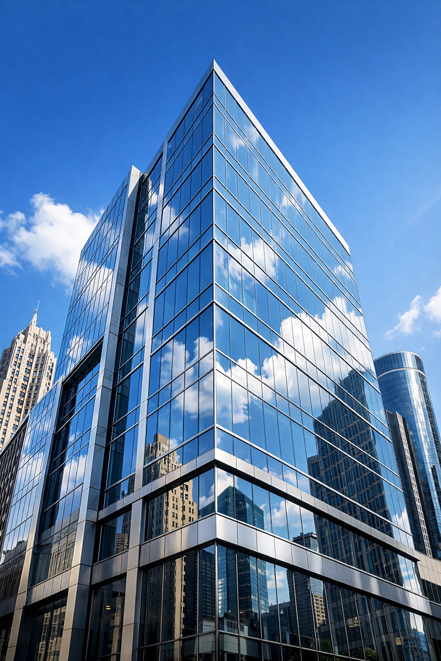 Exterior of a modern, clean glass office building in downtown Detroit under a blue sky.