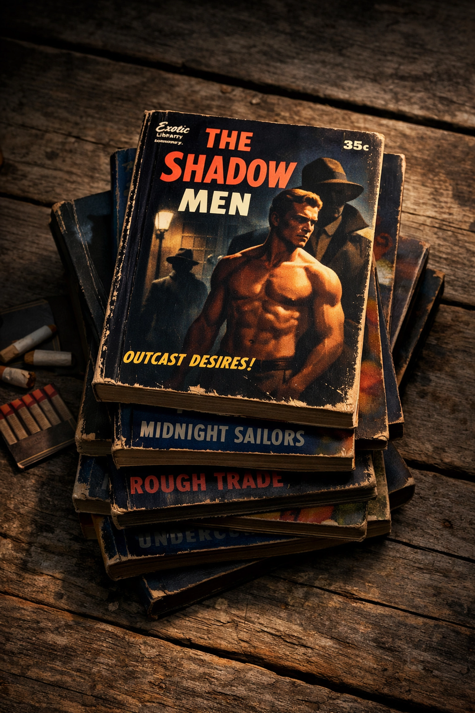 Stack of vintage gay male pulp fiction novels from mid-century America