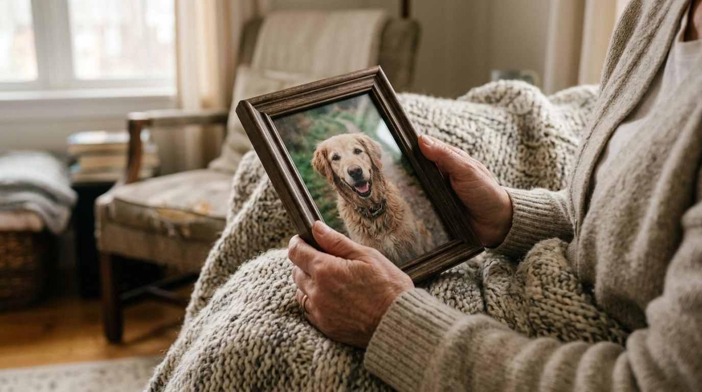A comforting moment of reflection, holding a framed photo of a beloved pet in a warm, supportive setting.
