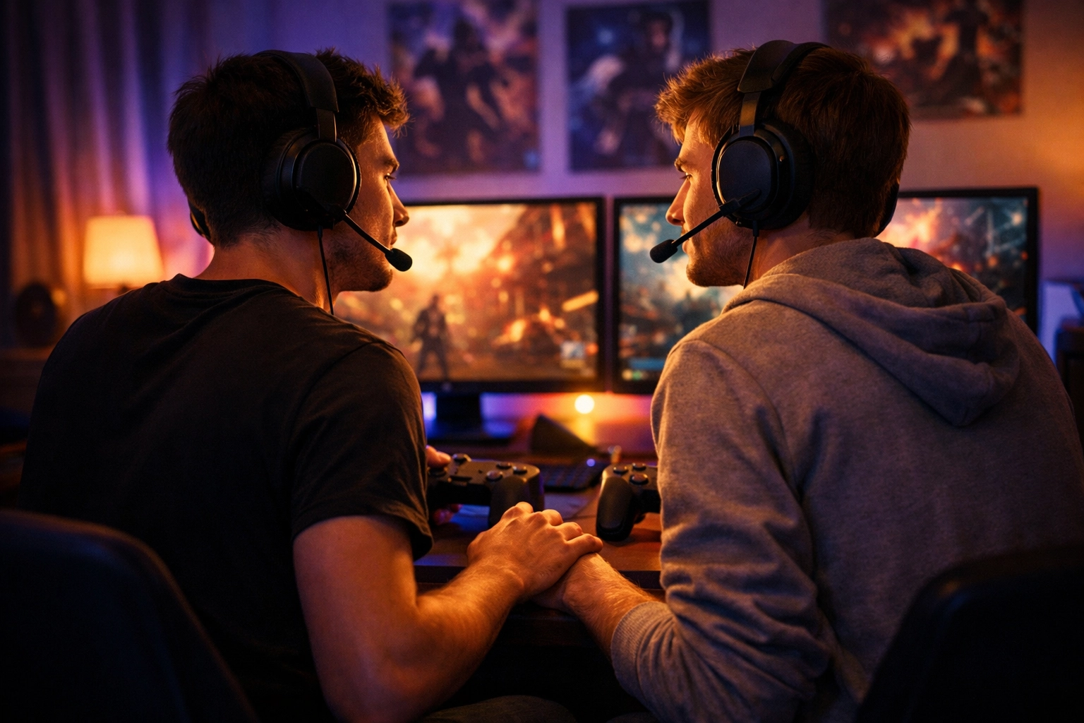 Two gay men gaming together with headsets, sharing an intimate moment at their setup