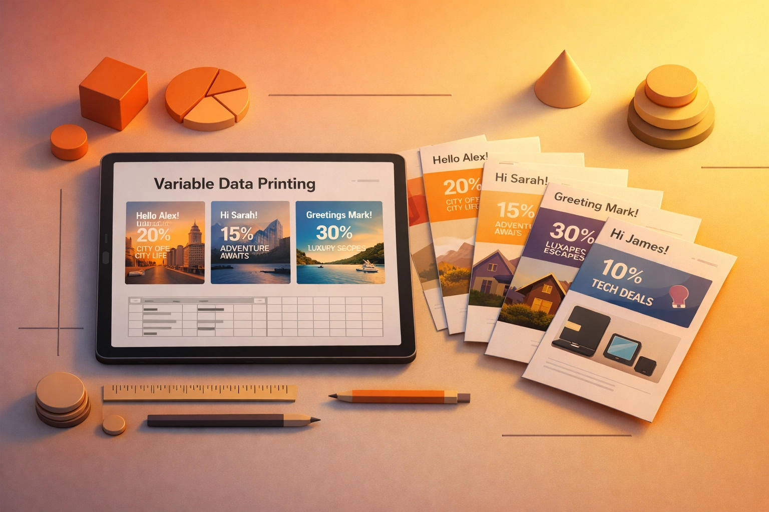 Designer workspace showing variable data printing templates and personalization options