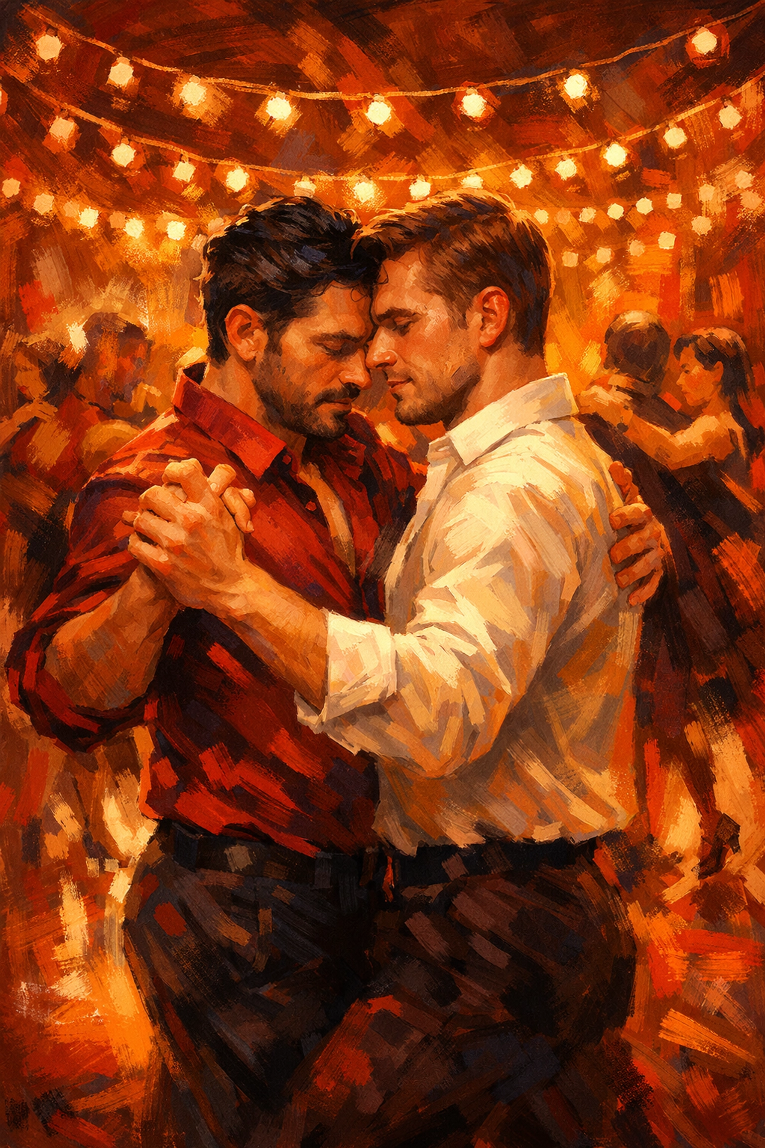 Two men dancing tango in passionate embrace - gay romance ballroom dance stories