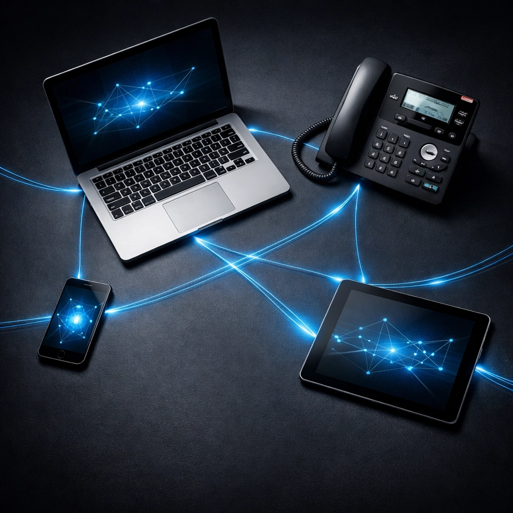 Connected VoIP devices including smartphone, laptop, and IP phone showing flexible business communication