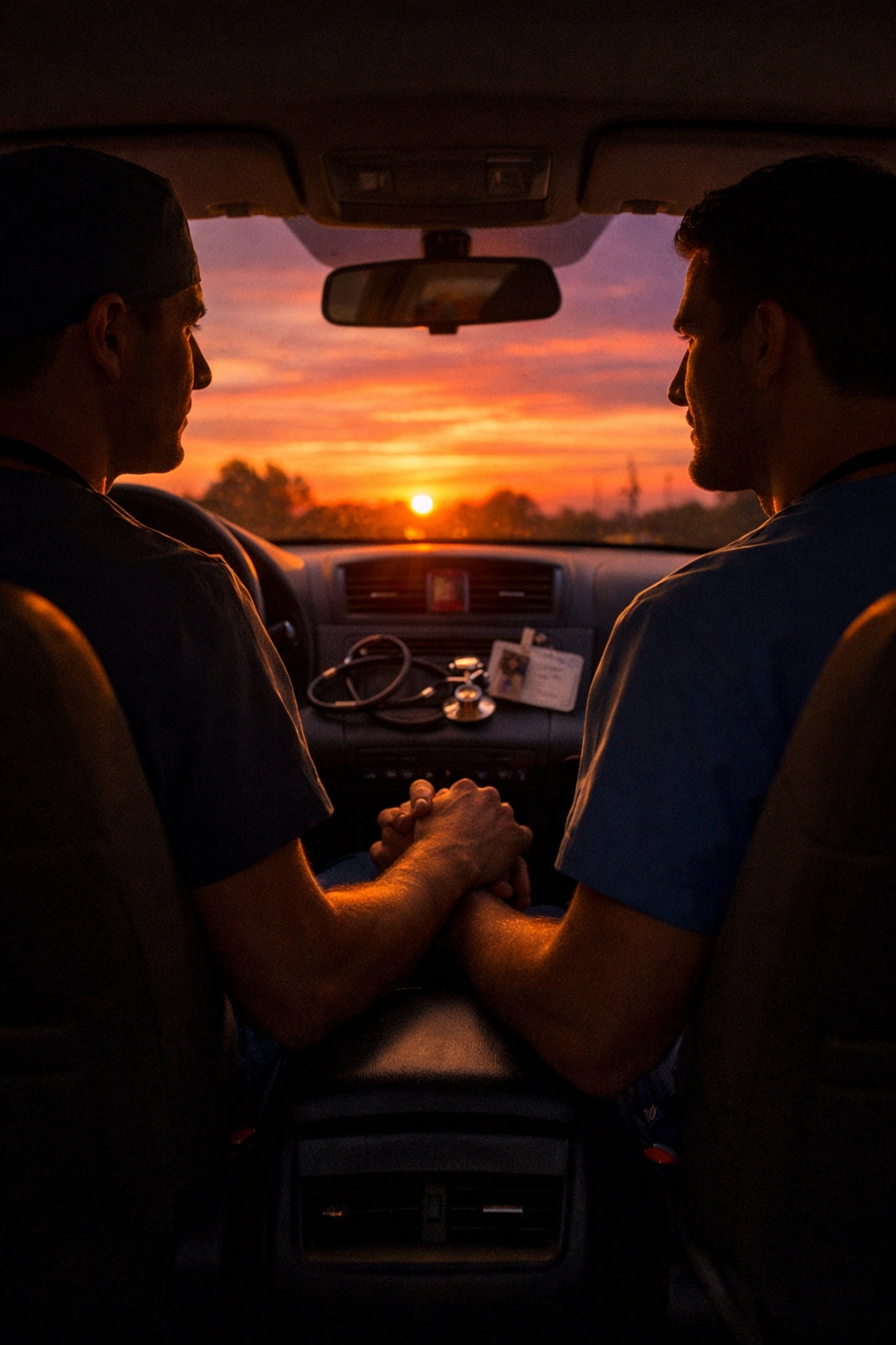 Gay medical couple holding hands in their car during a sunrise after a long night shift at the hospital.
