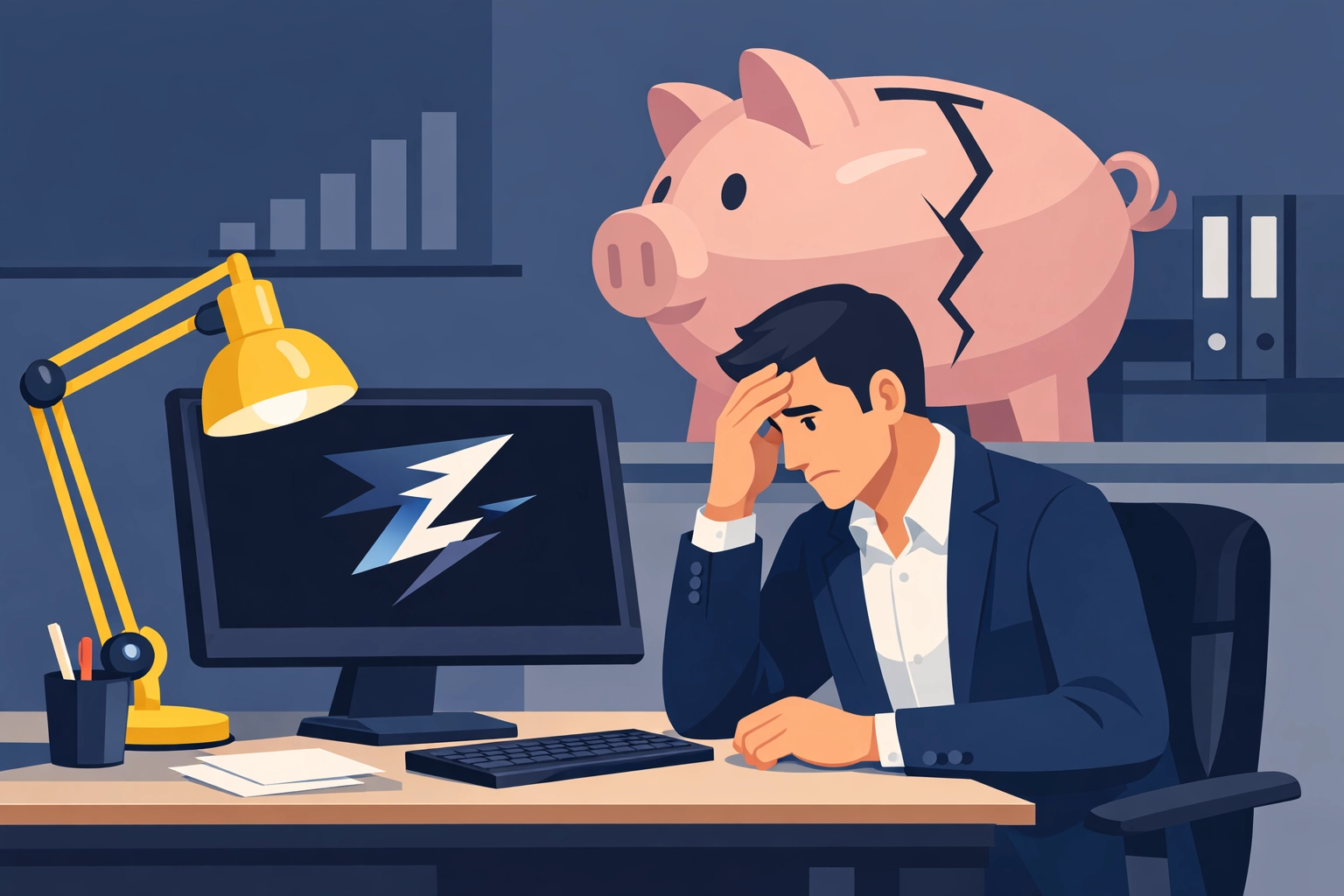 Stressed business owner facing unpredictable Break-Fix IT costs and sudden system failures.