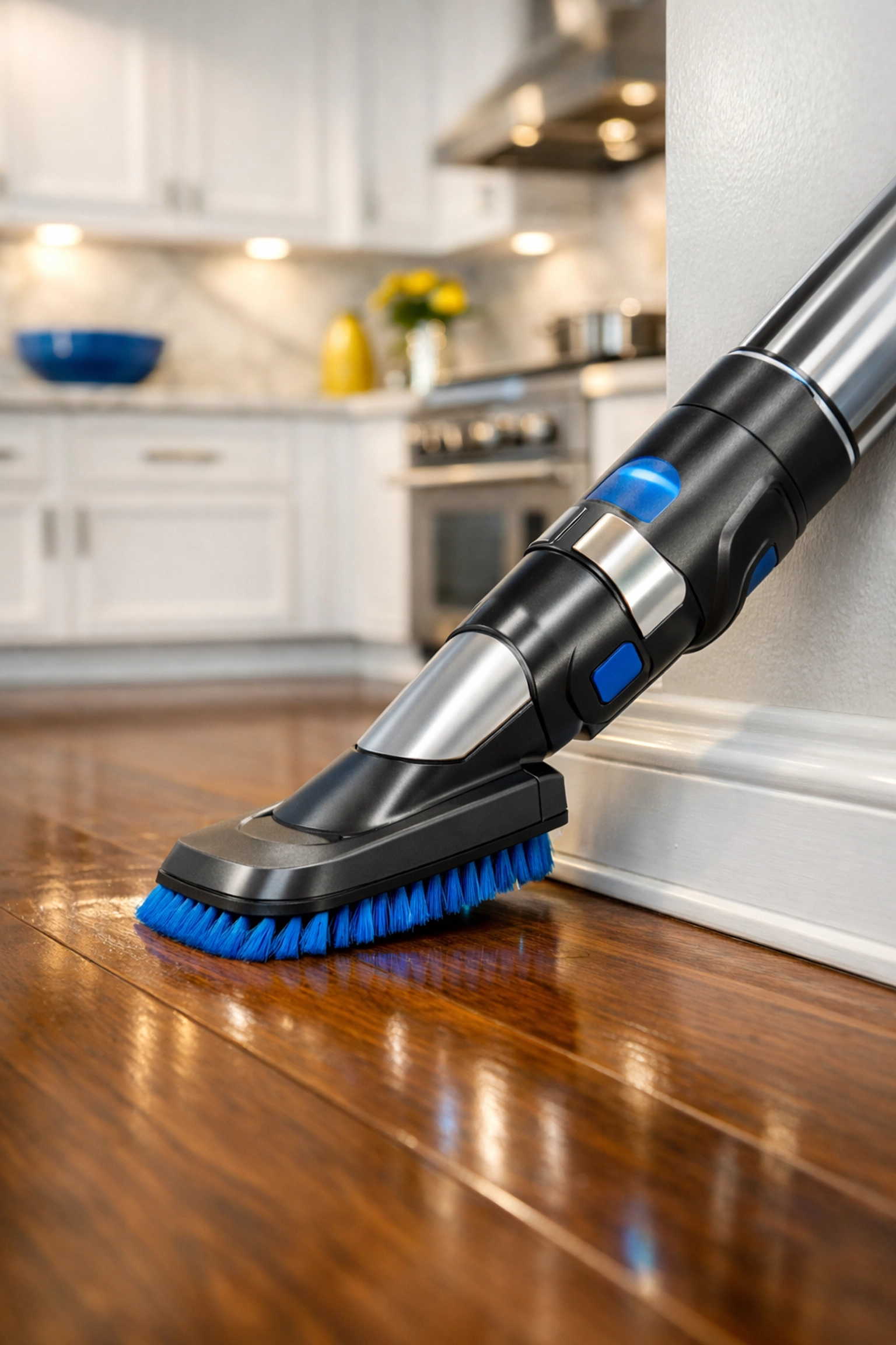 Expert dust removal during post construction cleaning in Bedford for a modern white kitchen.