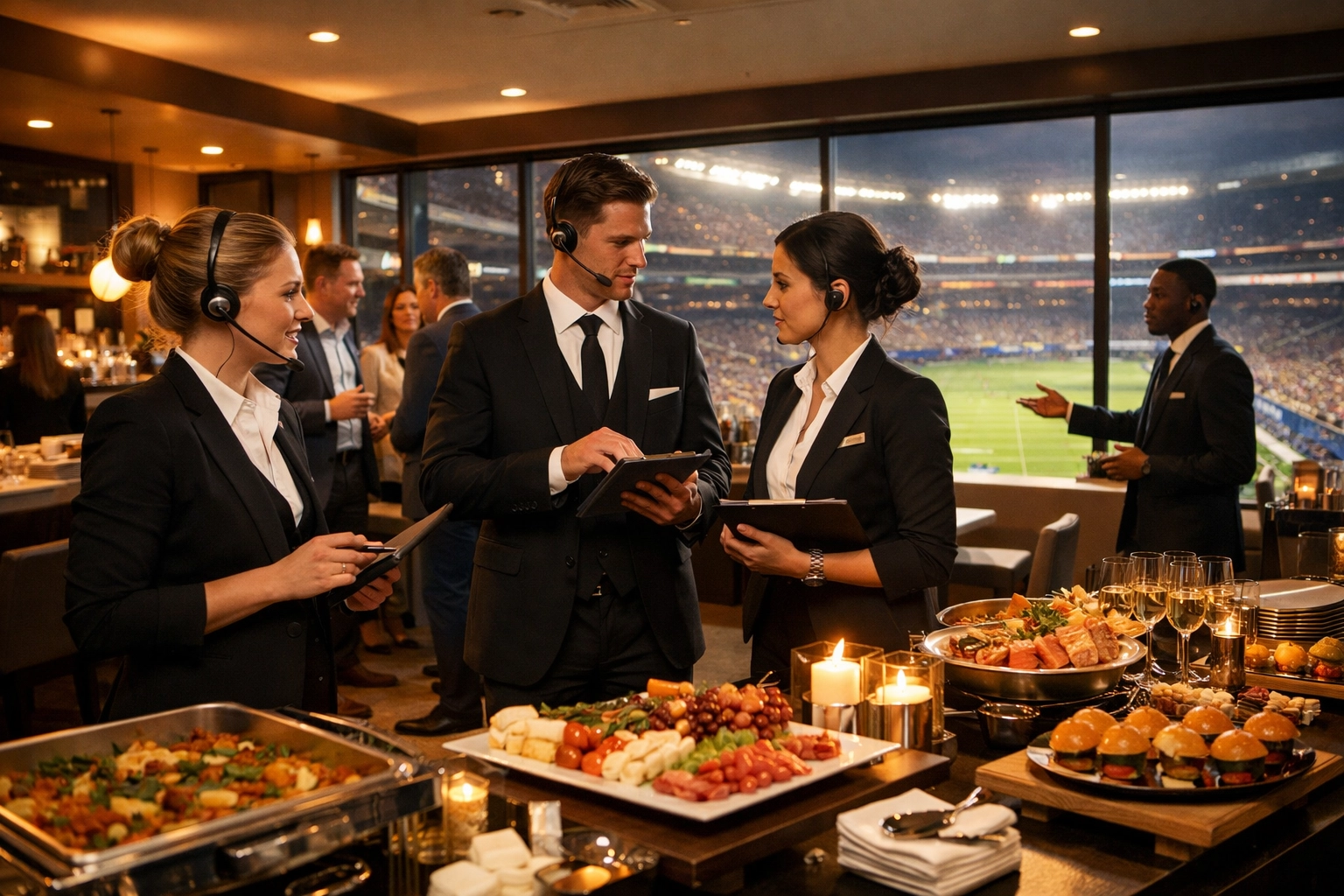 How to Transform Game Day Chaos Into Strategic Brand Wins: The Executive's Framework for Premium Sports Event Management Premium corporate suite at stadium with hospitality staff coordinating luxury game day experience