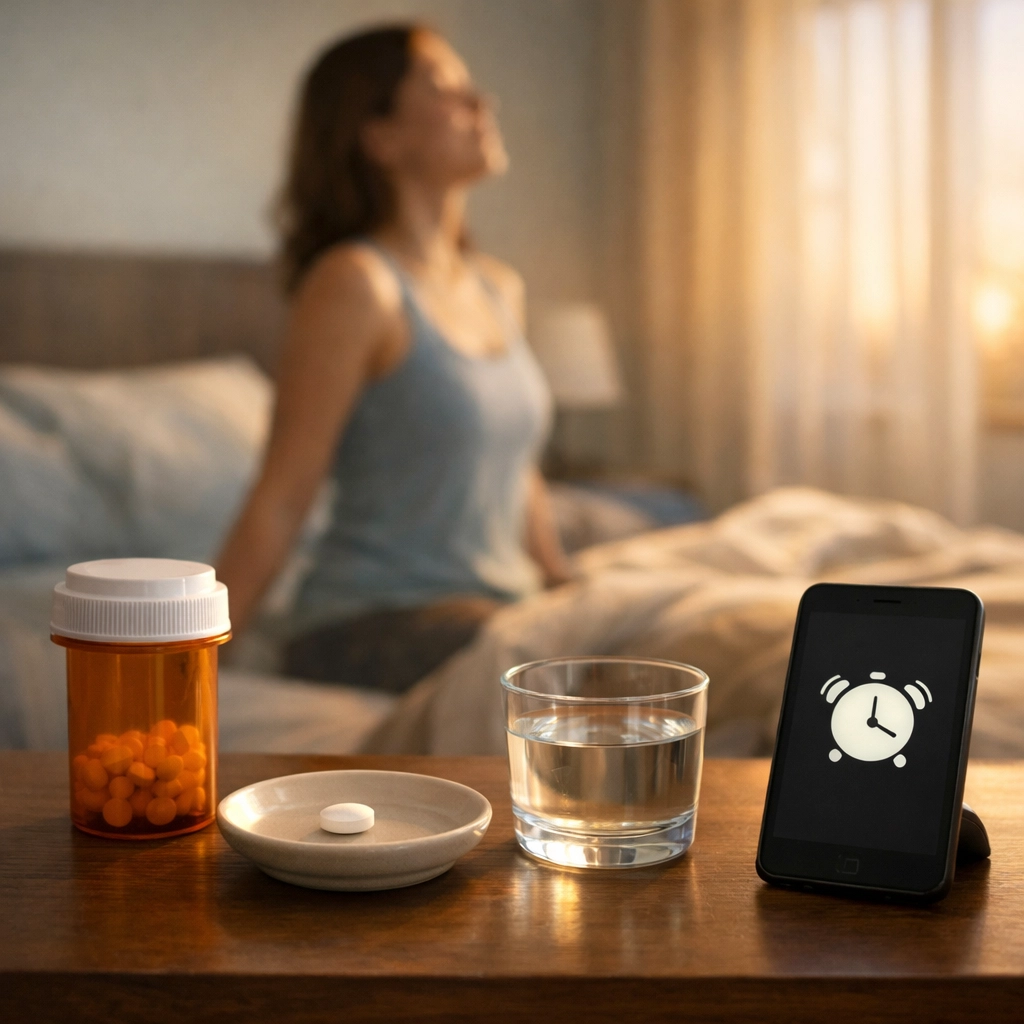 Daily oral GLP-1 pill and water on a nightstand representing a consistent morning routine.