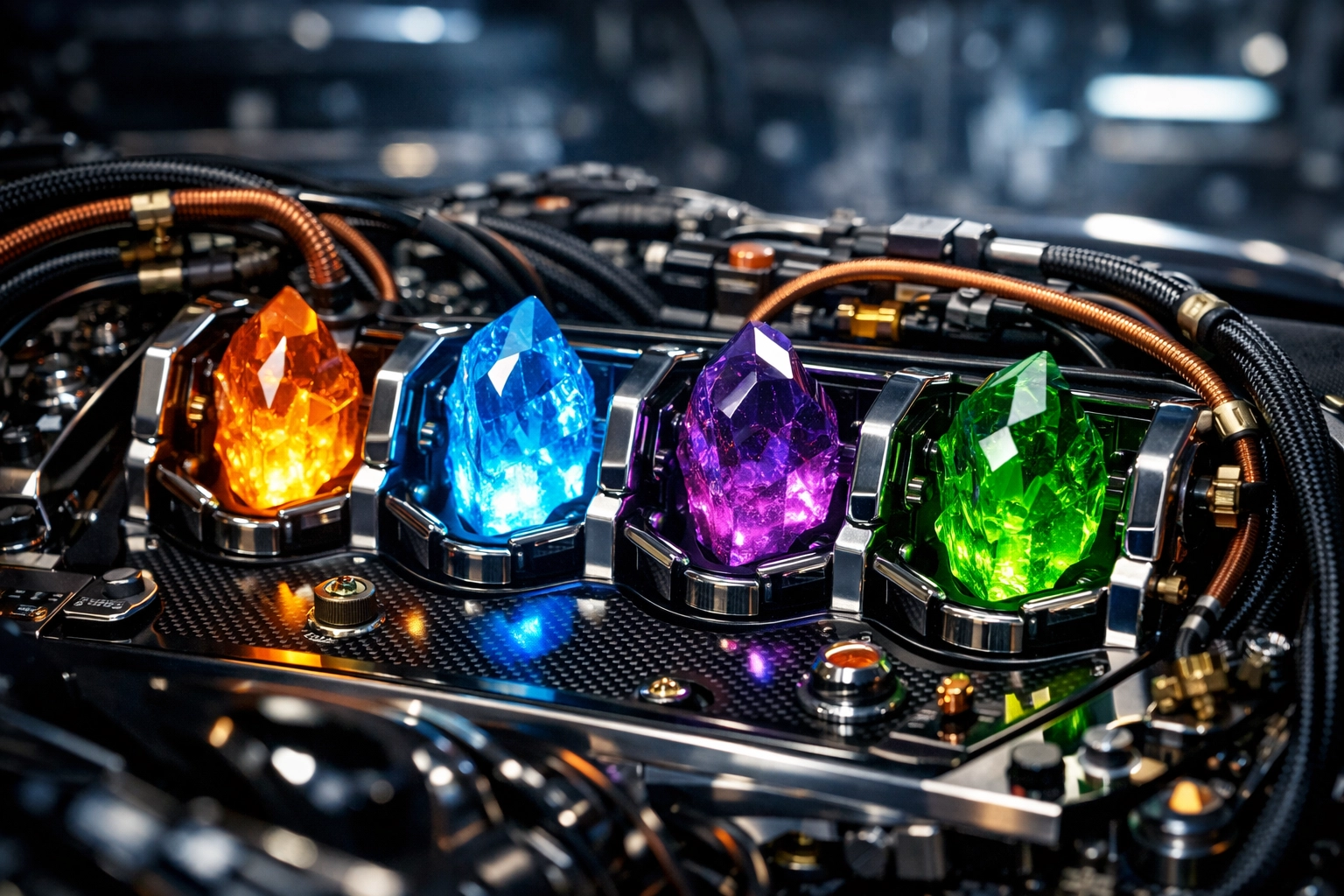 Sophisticated engine components with glowing power cores, illustrating a strategic business marketing machine