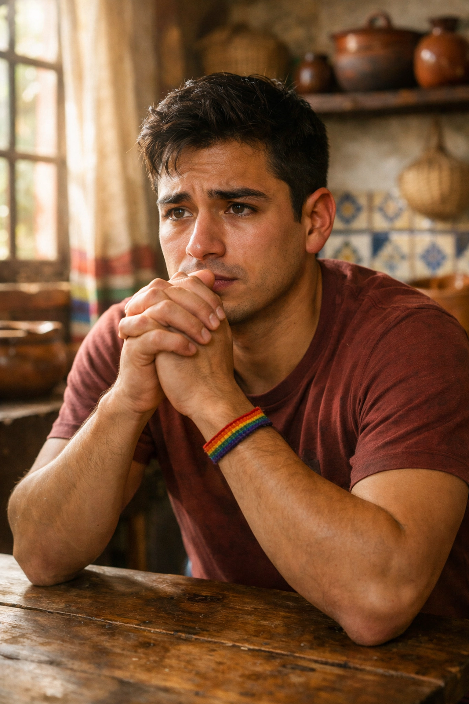 Gay couple holding hands on Puerto Vallarta Malecón boardwalk at sunset celebrating pride