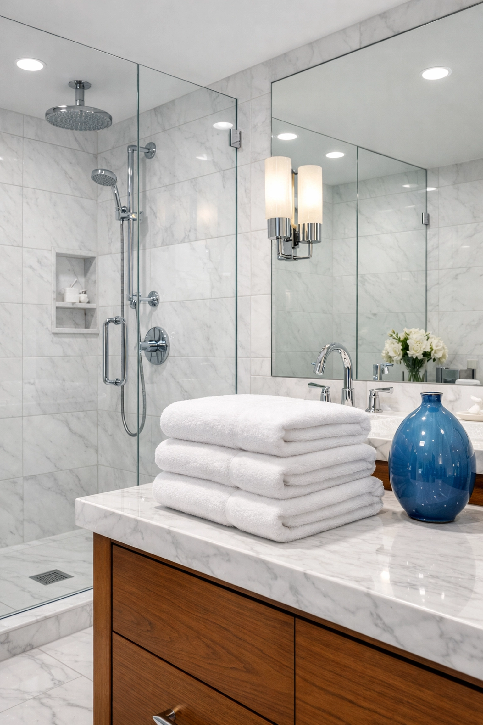 Sparkling marble bathroom with streak-free glass after a professional deep cleaning reset in an apartment.