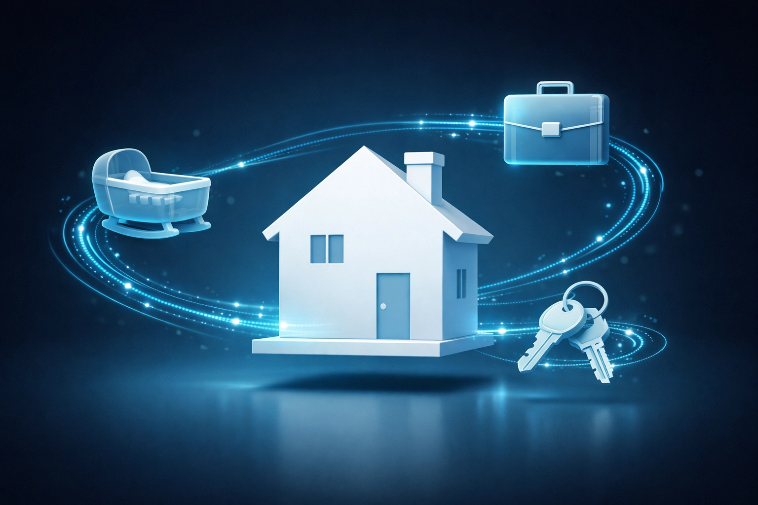 House surrounded by life event icons representing predictive real estate data signals.