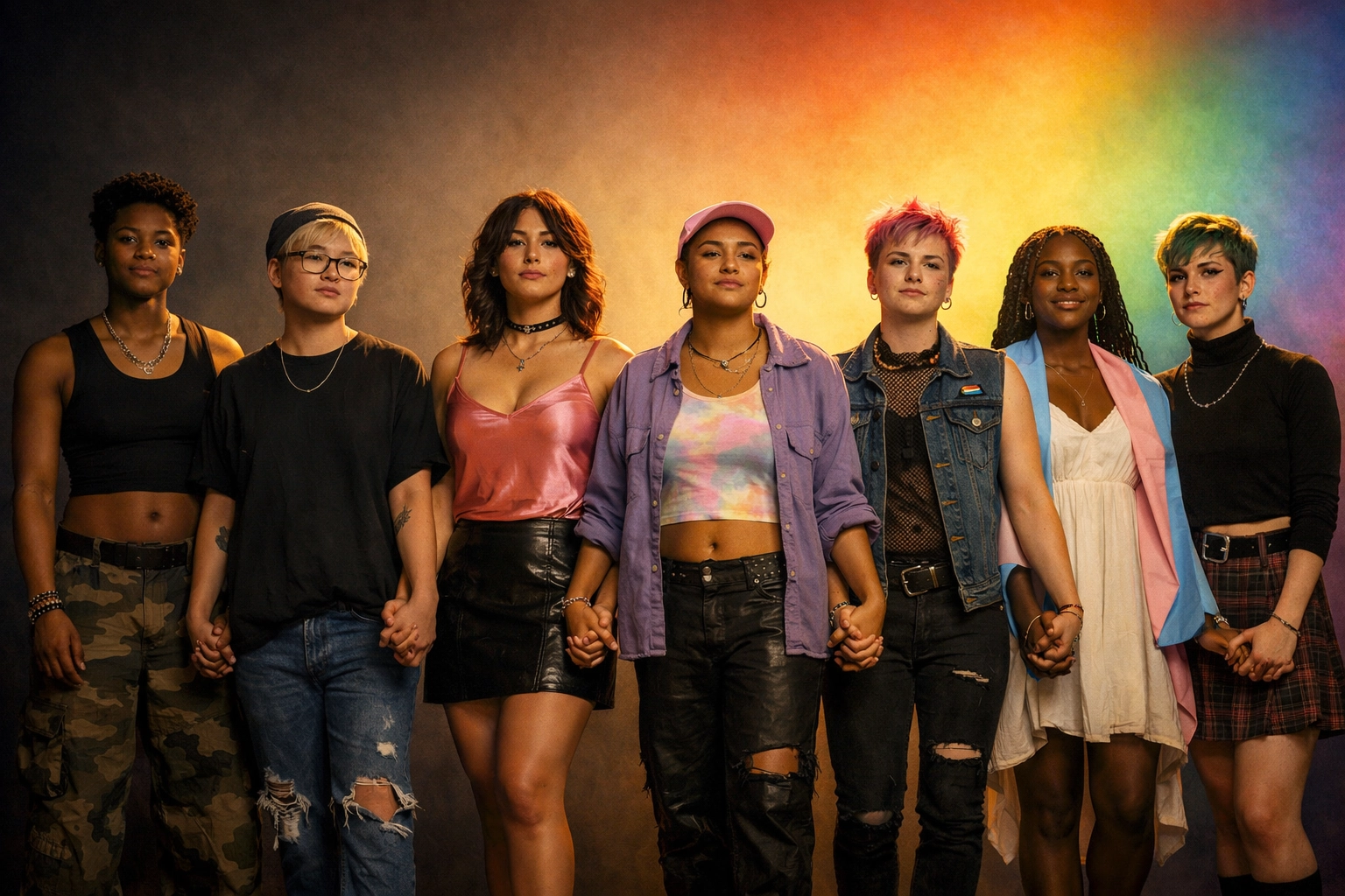 Diverse transgender and non-binary youth holding hands in LGBTQ+ solidarity and pride