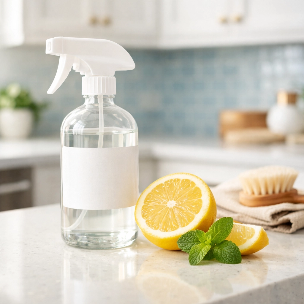 Eco-friendly green cleaning spray and fresh ingredients on a polished kitchen counter.