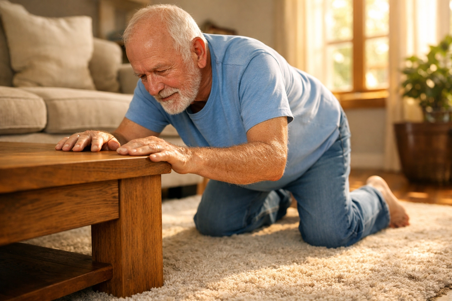 Senior man in hands and knees position crawling to sturdy furniture for fall recovery support