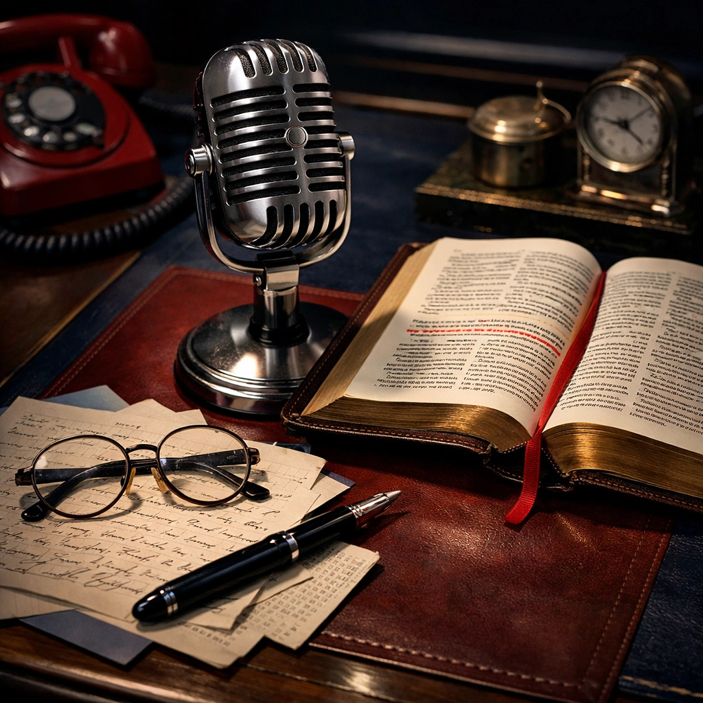 Vintage newsroom desk with Bible and microphone showing faith-based journalism