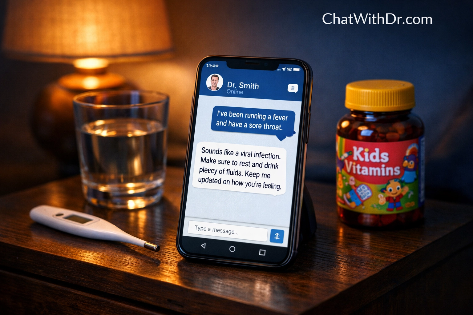 Secure medical chat on a phone next to a thermometer during a 2 AM family sick day.