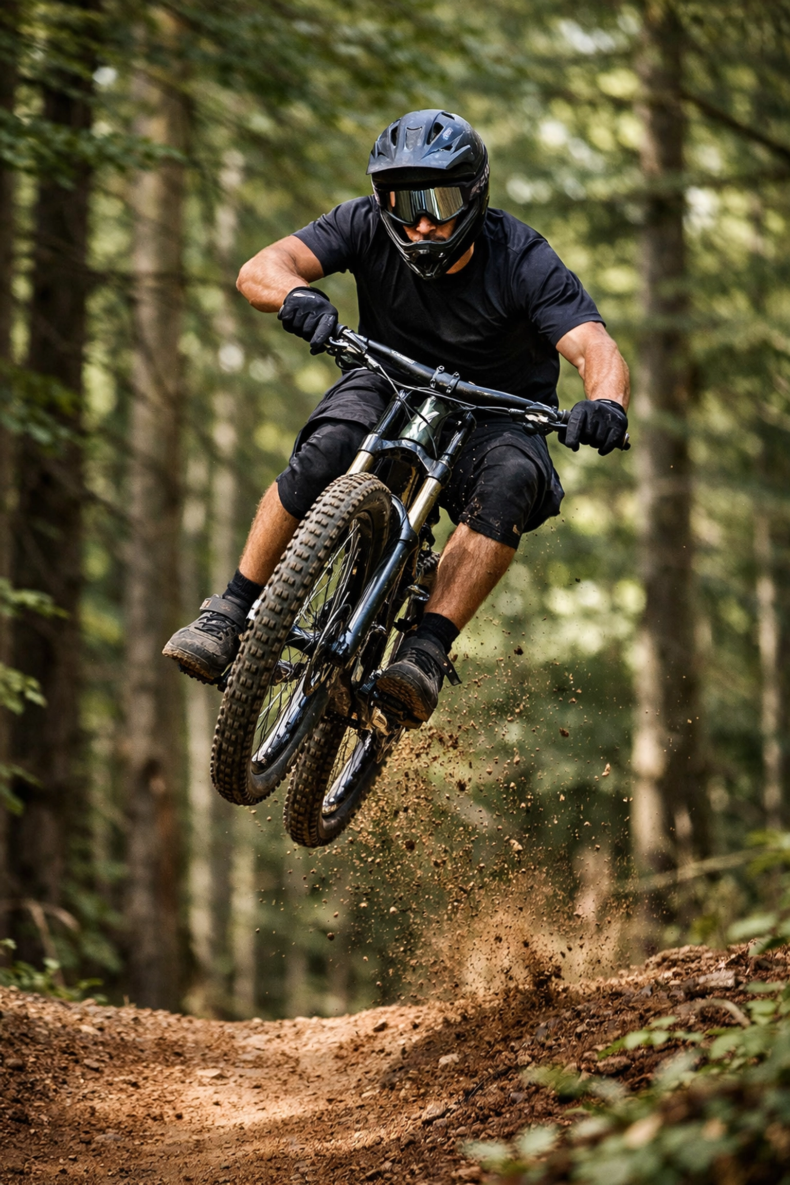 Mountain biker frozen mid-air using a fast shutter speed to balance exposure while shooting in manual mode.