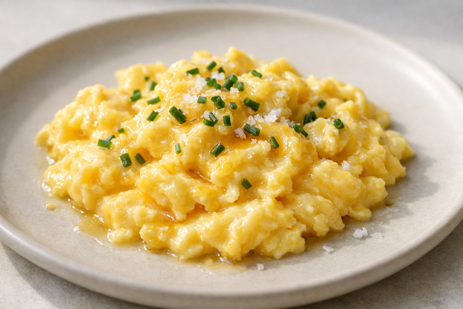 Perfectly soft-scrambled eggs with a deep orange yolk sheen on a ceramic plate (premium breakfast egg texture).