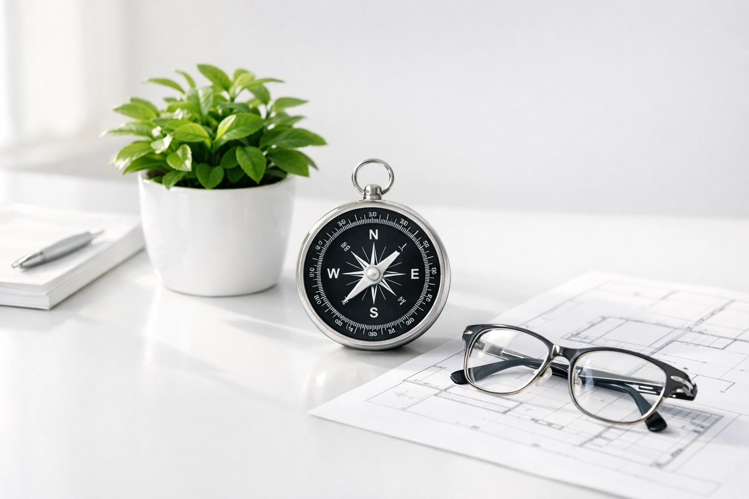 A compass on a blueprint symbolizing a calculated real estate investment strategy for Oklahoma rental cash flow.