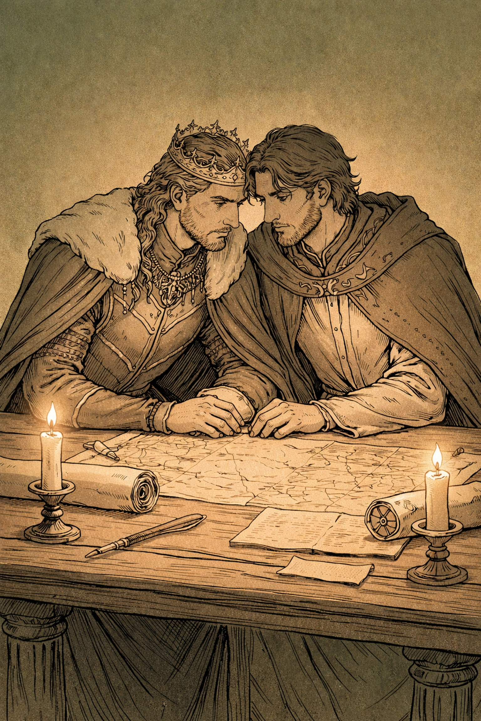 Two male kings seated at a council table, consulting closely over maps and scrolls, embodying sovereign equality and partnership in legacy building.