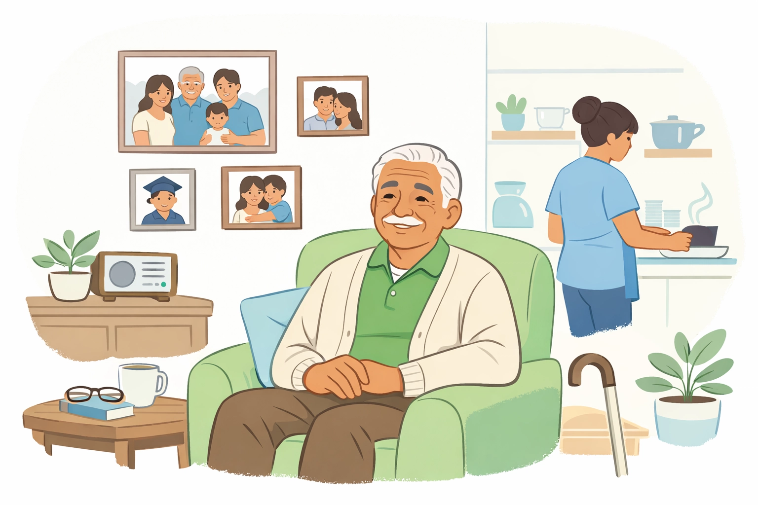 Adulto mayor en su hogar recibiendo servicios de cuidado personal asequible en Texas