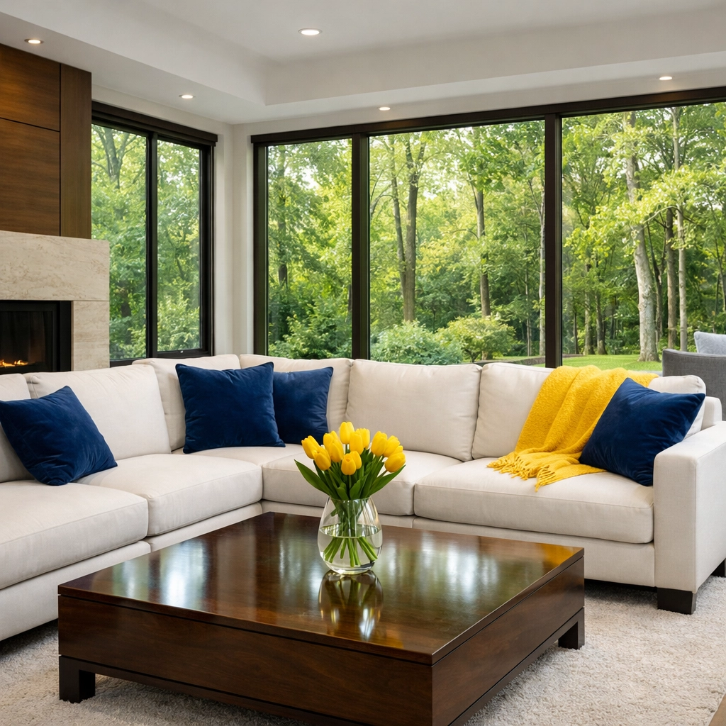 A dust-free modern living room in Lincoln, Massachusetts, highlighting professional residential house cleaning.